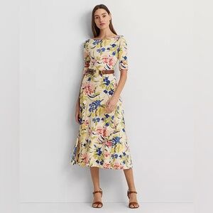 Ralph Lauren Floral Stretch Cotton Midi Dress. Size Small